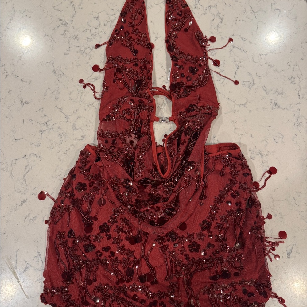 Maroon Beaded Sequin Halter Top and Skirt Set for Club or Festival